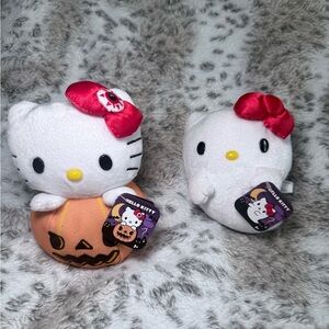 Hello Kitty Plush Pair — White with Red Bows and Orange Pumpkin